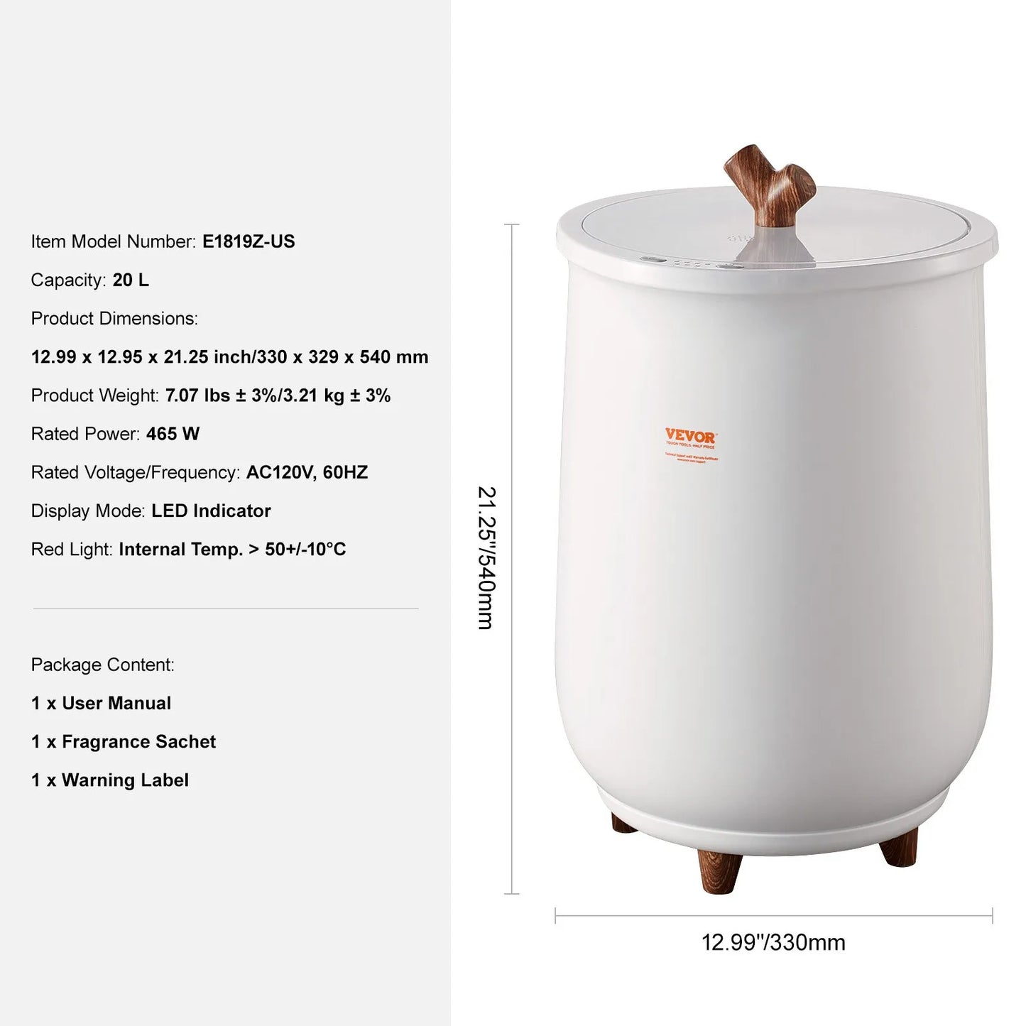 Product specifications showing 20L capacity towel warmer dimensions 330x329x540mm and 465W power rating
