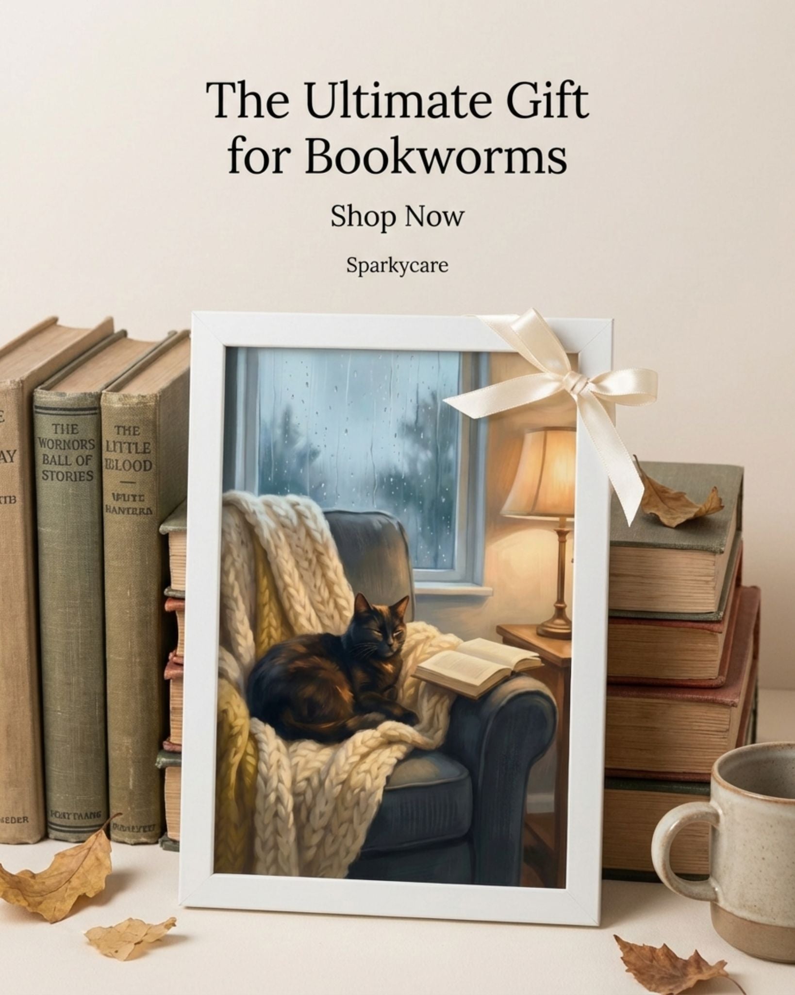 Promotional image for a gift for book lovers with books, a cat, and a mug.