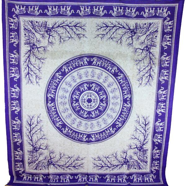 Purple cotton mandala tapestry with elephants and tigers, boho wall hanging