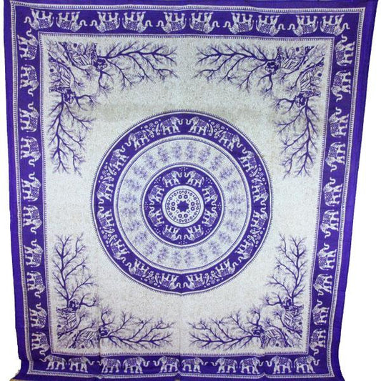 Purple cotton mandala tapestry with elephants and tigers, boho wall hanging