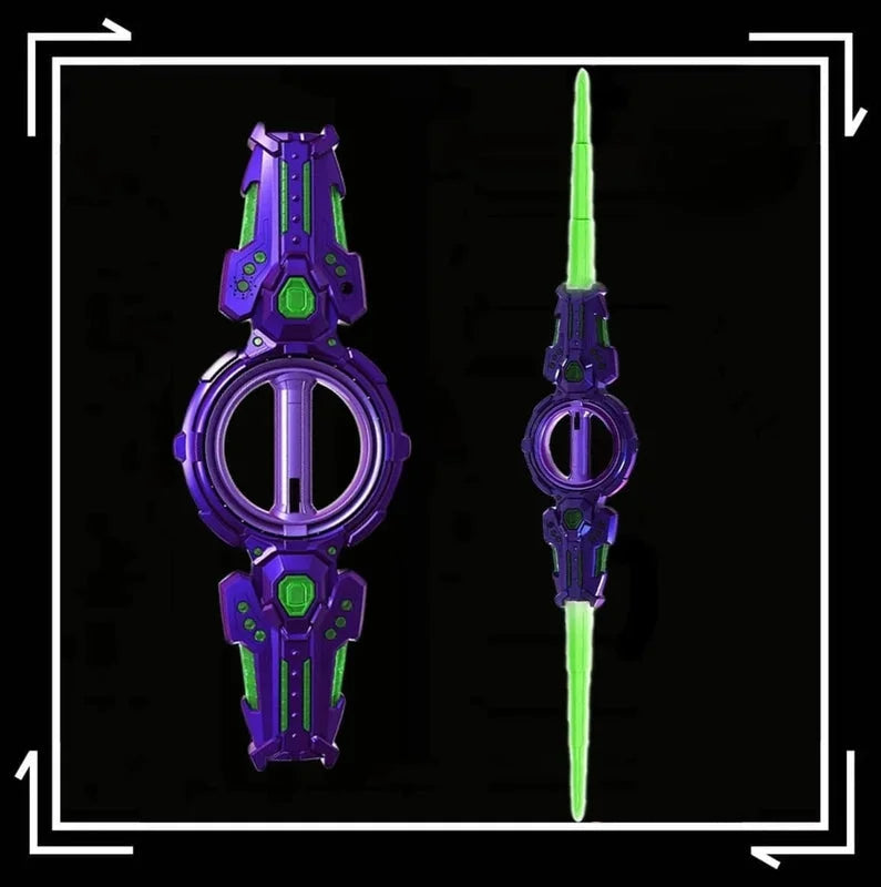 Purple and green rotating double blade sword toy - telescopic luminous play weapon with belt