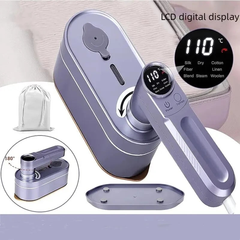 Purple handheld device with digital display and various components on a light background