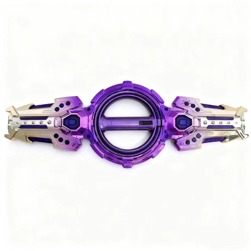 Purple metallic fire spinning sword toy extended view showing dual handle and circular center design