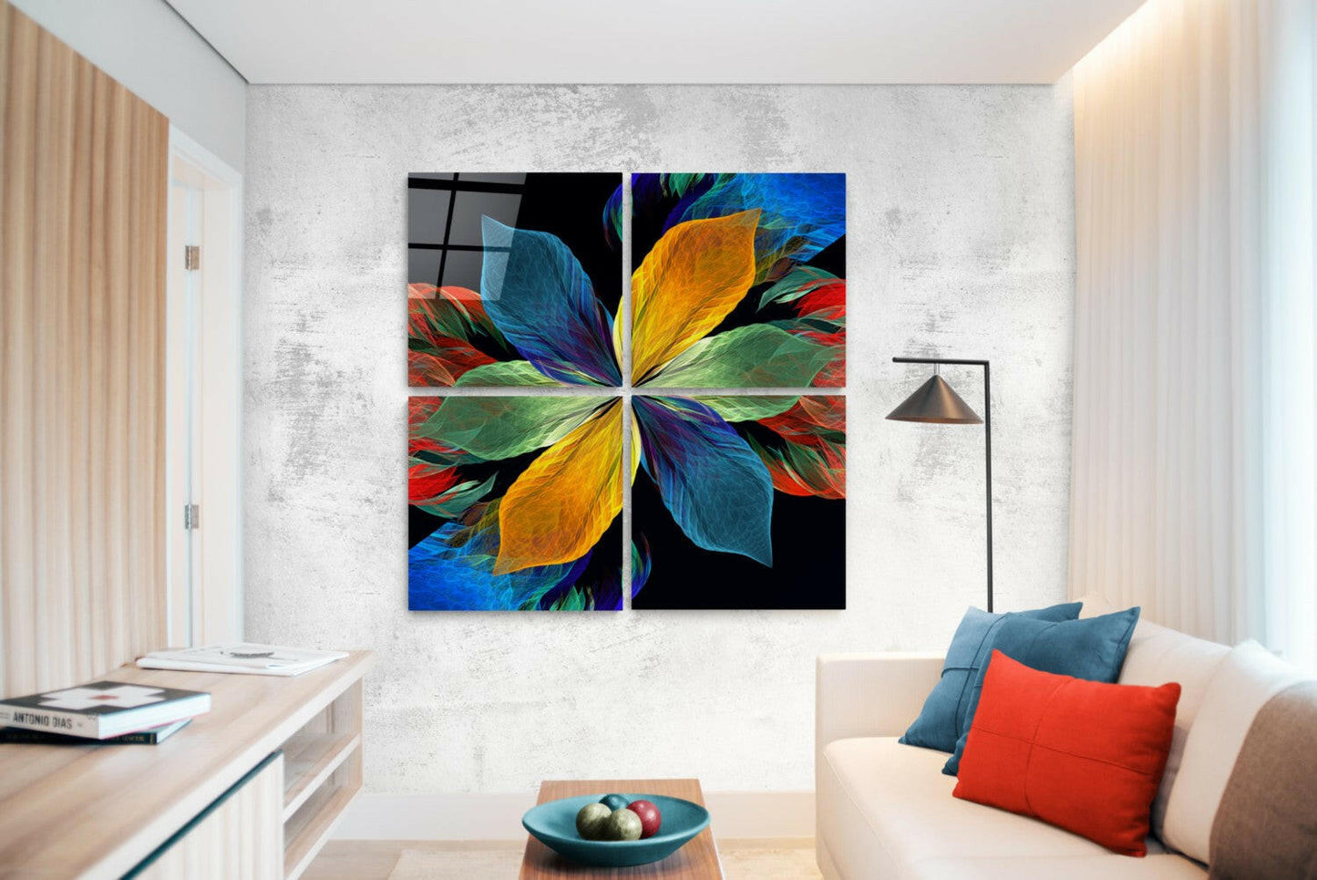 4-panel floral quadro glass wall art