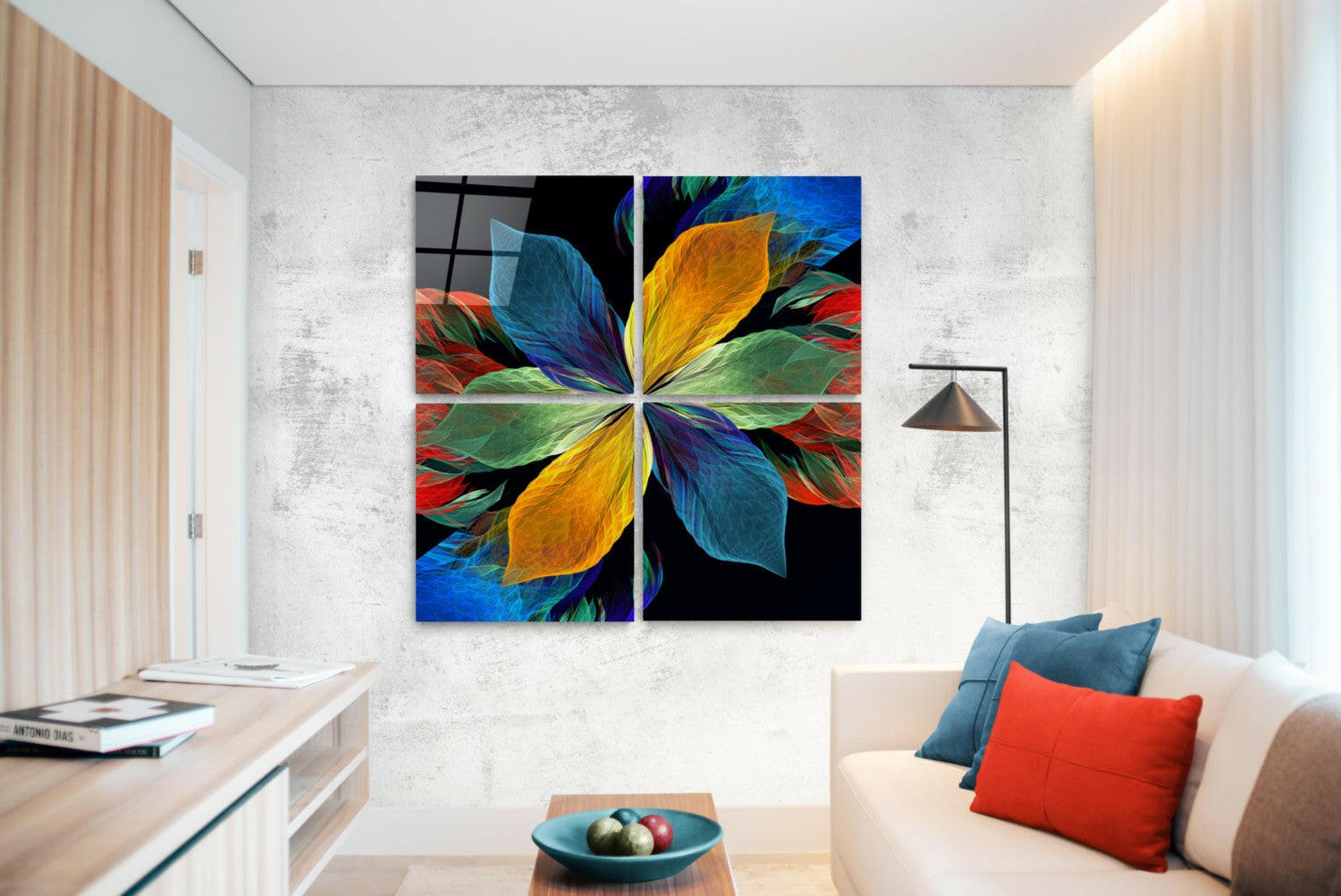 4-panel floral quadro glass wall art