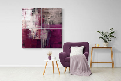 Brushed magenta four-panel glass set on a white wall above a plum armchair and a small side table