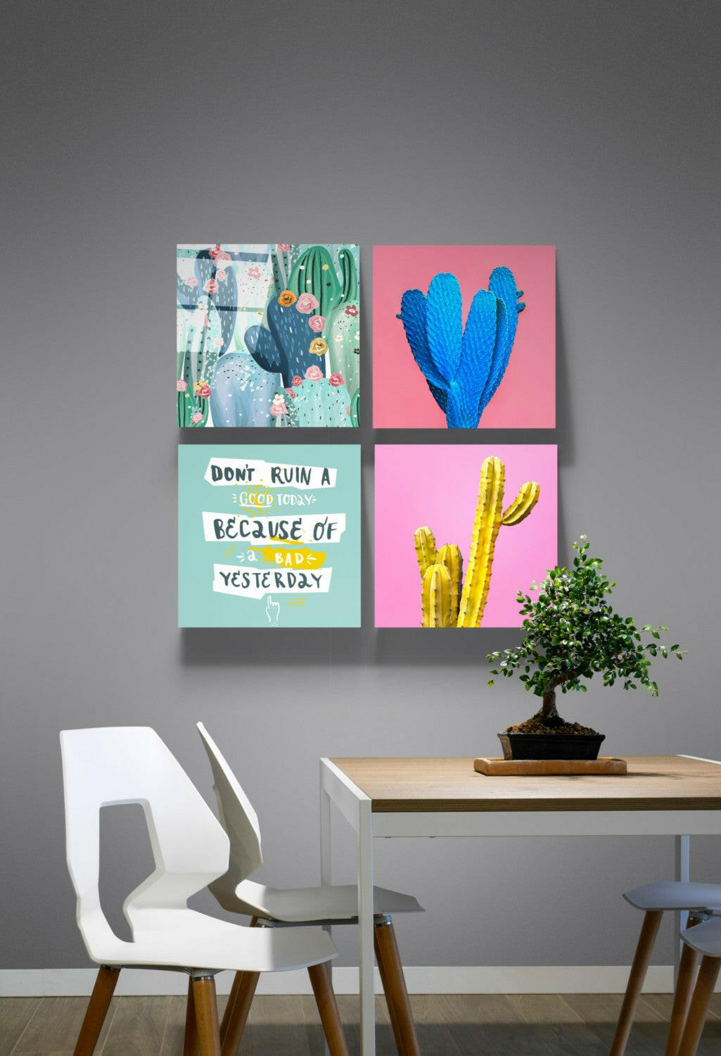 Cactus glass wall art 4-piece set