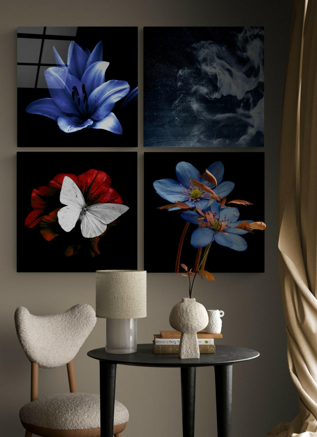 4-panel floral quadro glass wall art