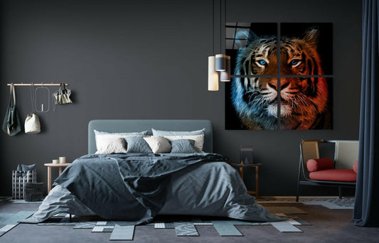 Four-panel tiger glass wall art set spanning a wide wall