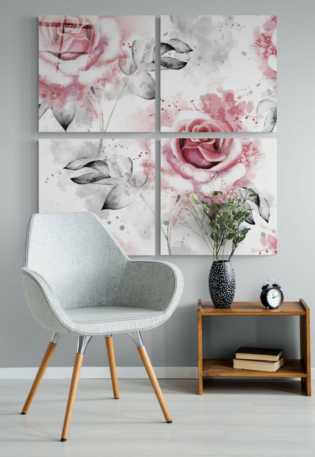 Roses Quadro 4-piece glass wall art set with vivid floral color
