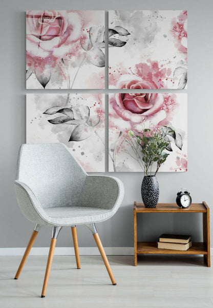 Roses Quadro 4-piece glass wall art set with vivid floral color