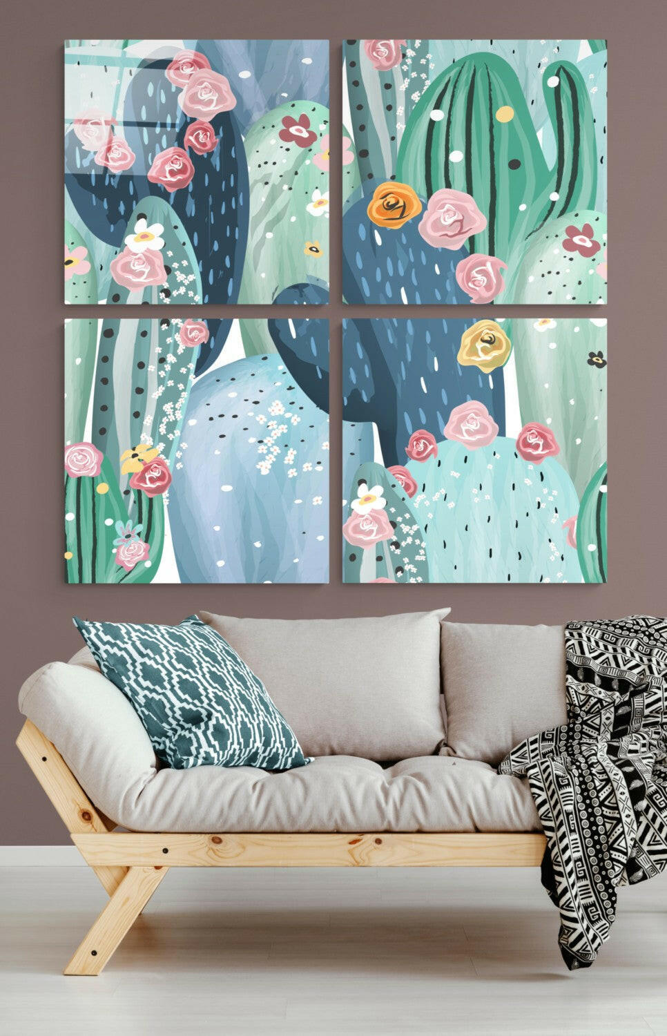 Cacti four panel tempered glass wall art set