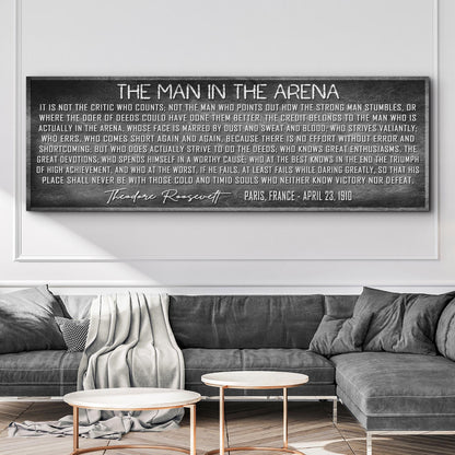 The Man In The Arena motivational canvas wall art with a vintage distressed feel, ready to hang