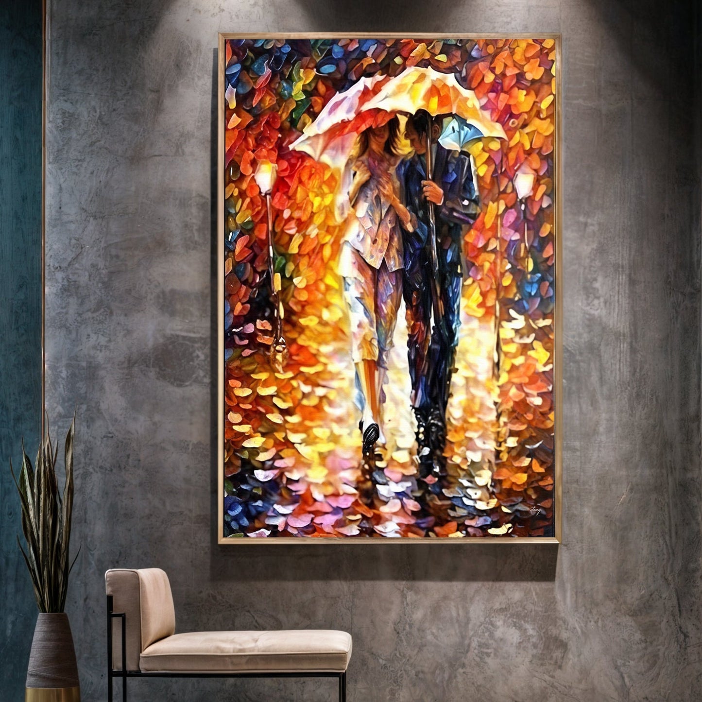 Rainy Romance couple under umbrella colorful street scene canvas wall art