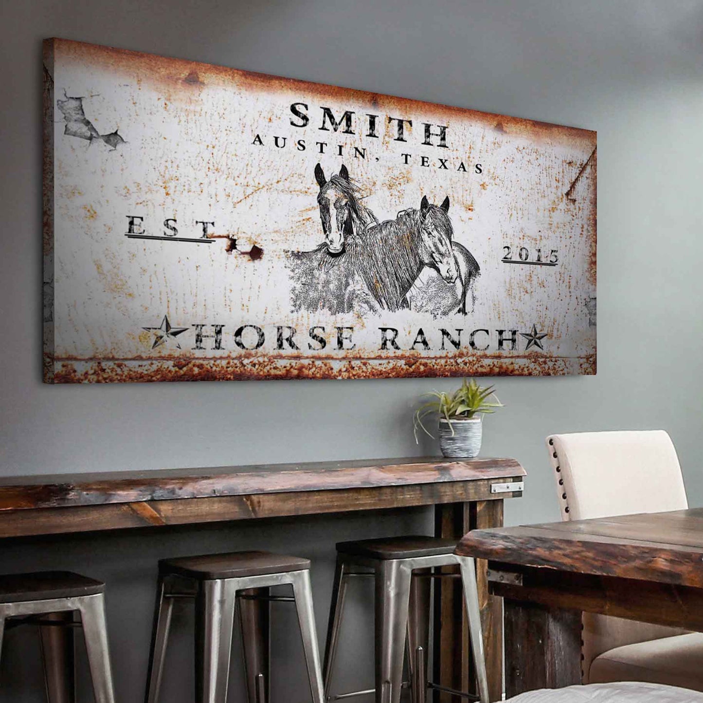 Rustic horse ranch canvas wall art with vintage countryside horses in farmhouse palette