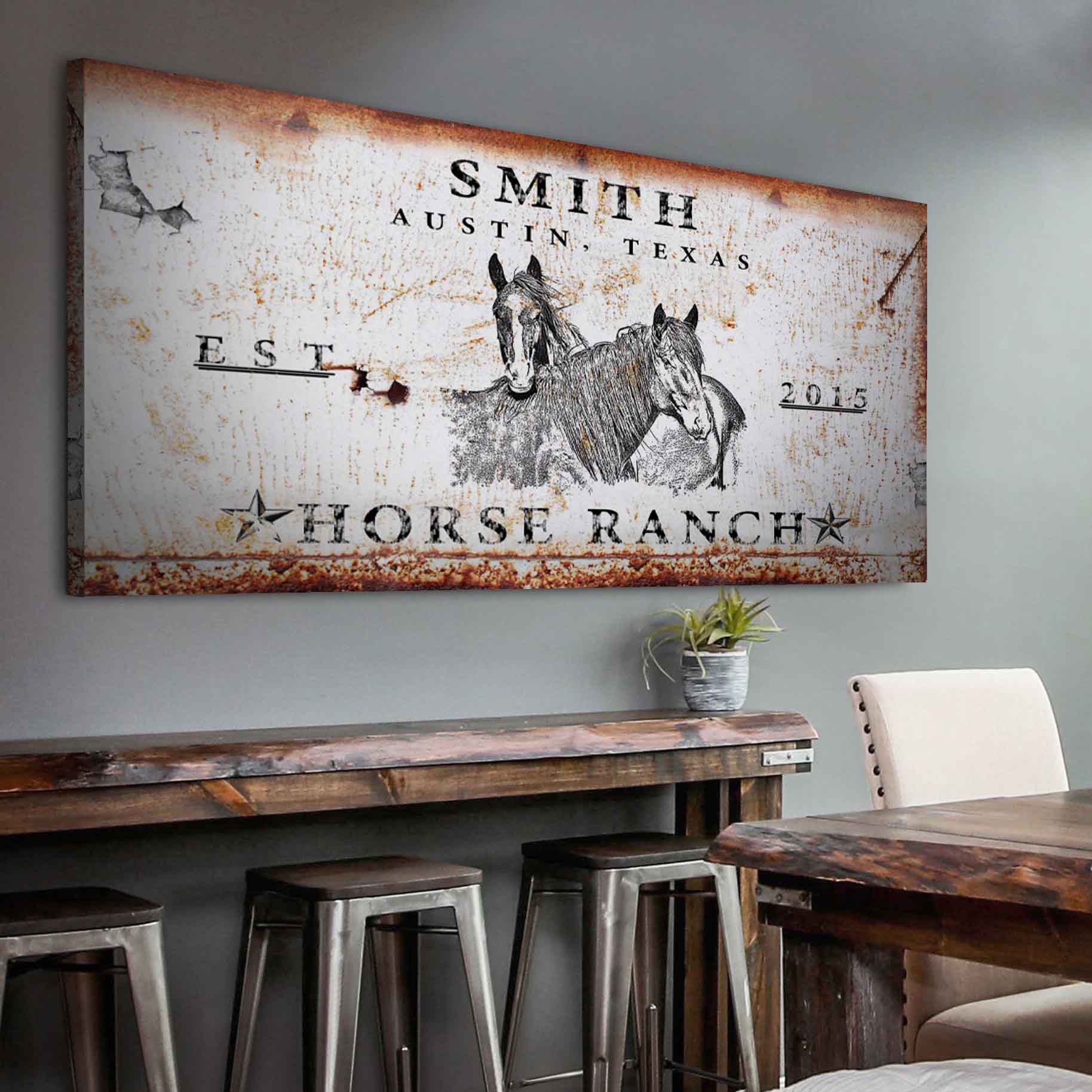 Rustic horse ranch canvas wall art with vintage countryside horses in farmhouse palette