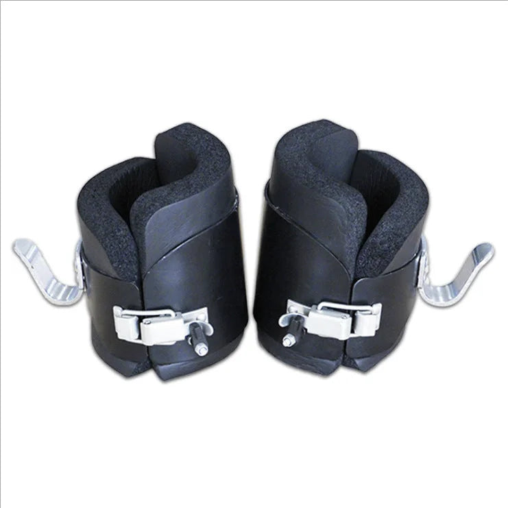 Rear view of inversion table ankle cuffs showing adjustable buckle system