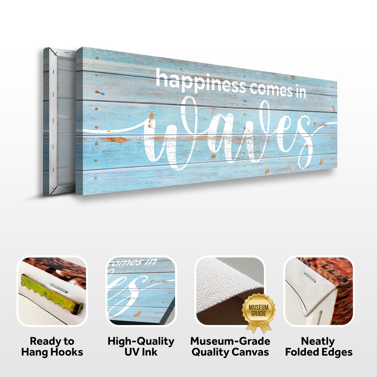 Happiness Comes in Waves Coastal Canvas Wall Art
