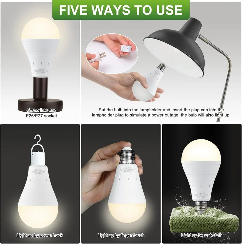 Rechargeable LED bulb five usage methods including hook and touch activation