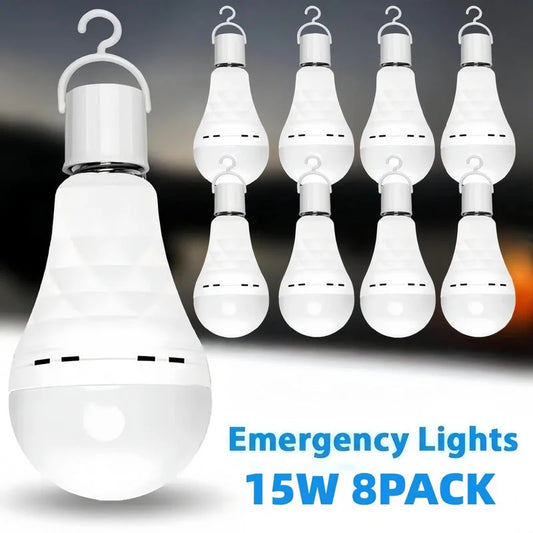Rechargeable LED emergency light bulbs 15W 8 pack with hanging hooks