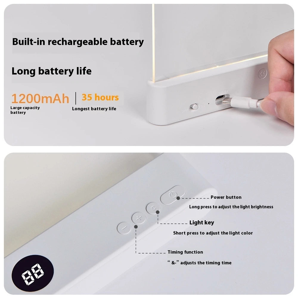 Rechargeable reading light showing 1200mAh battery and 35 hour battery life specs