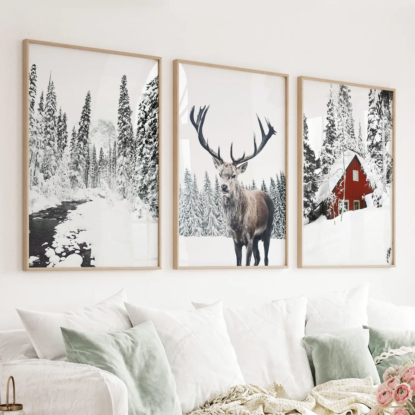 Set of 3 Christmas wall art prints with red log cabin and deer in snowy woods