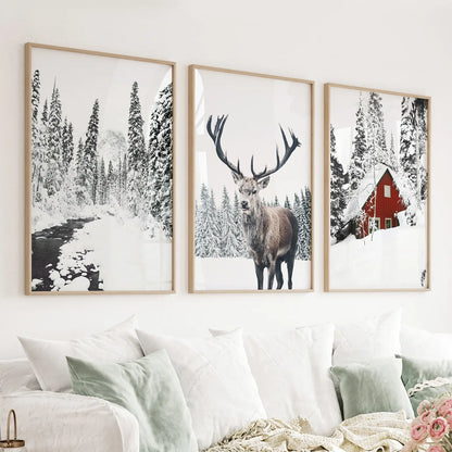 Set of 3 Christmas wall art prints with red log cabin and deer in snowy woods