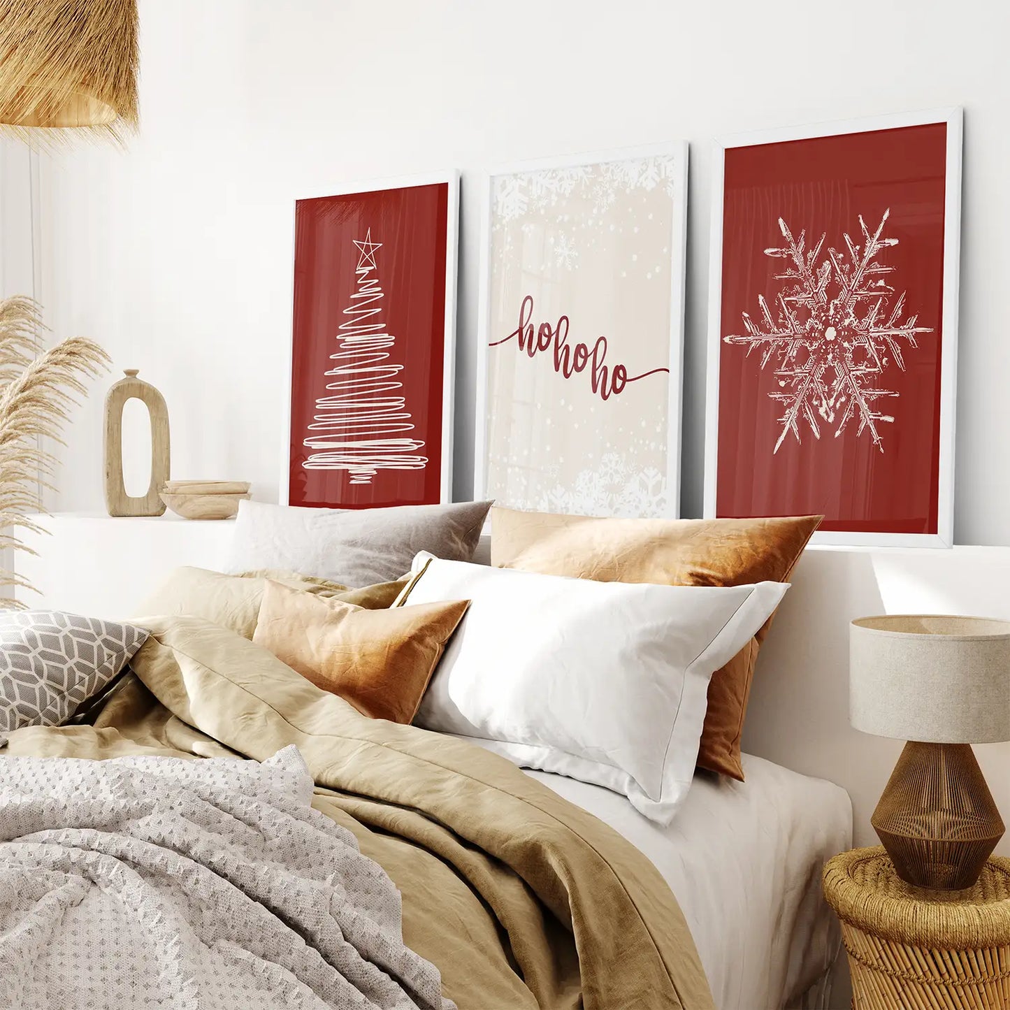 Red Christmas Tree and Snowflake Wall Art Set of 3