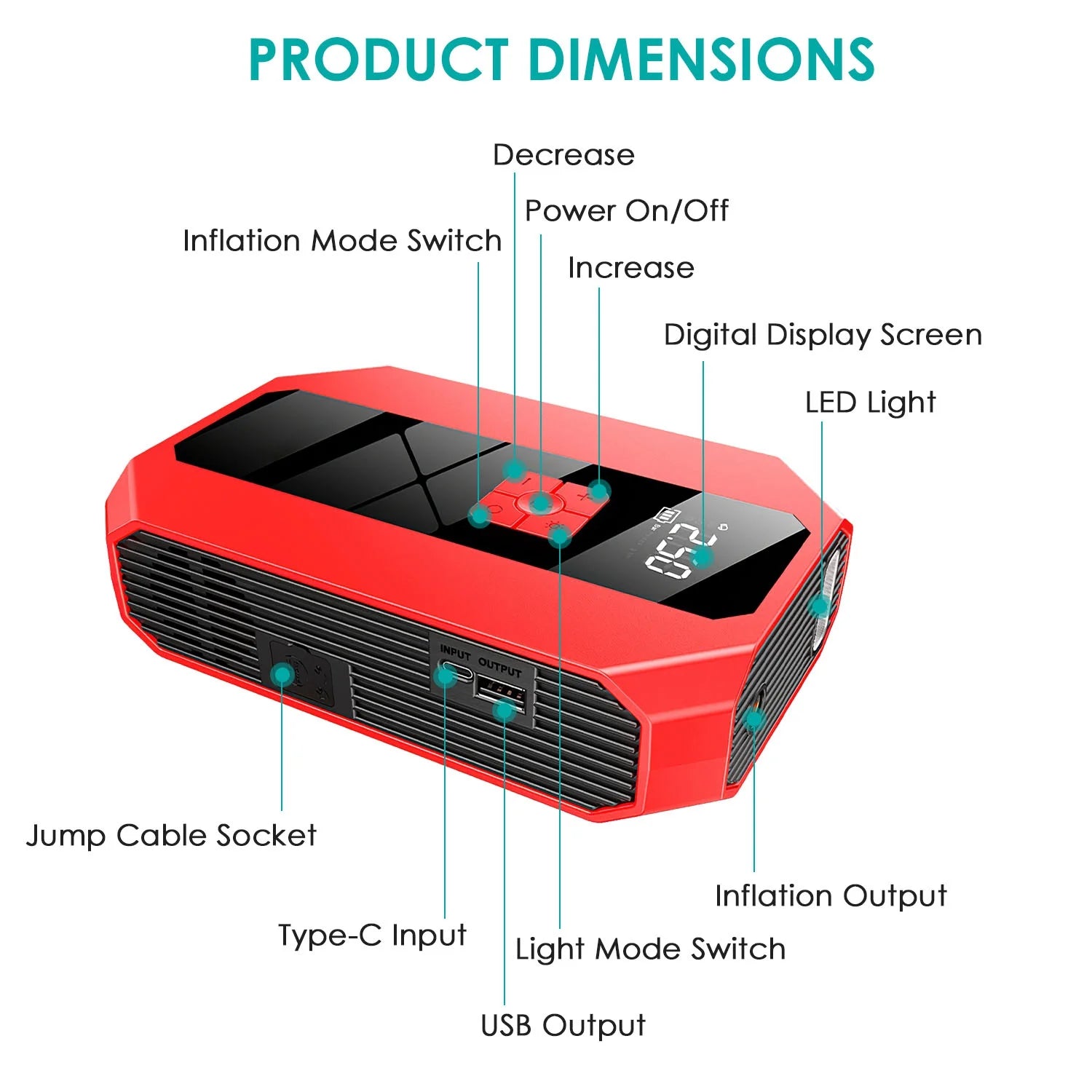 Red VEHICLE emergency jump starter with labeled features on a white background