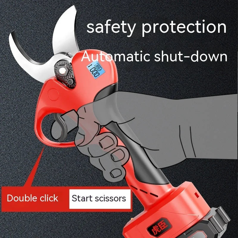 Red cordless electric pruning shears with automatic shut-down safety feature and double-click start mechanism for tree trimming