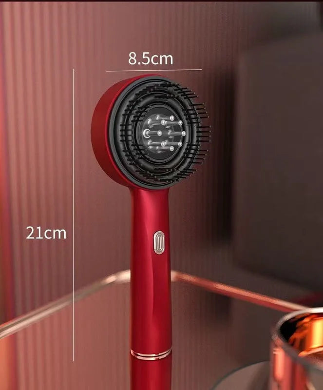 Red electric scalp massage comb standing upright with dimensions showing 21 cm height and 8.5 cm head width.