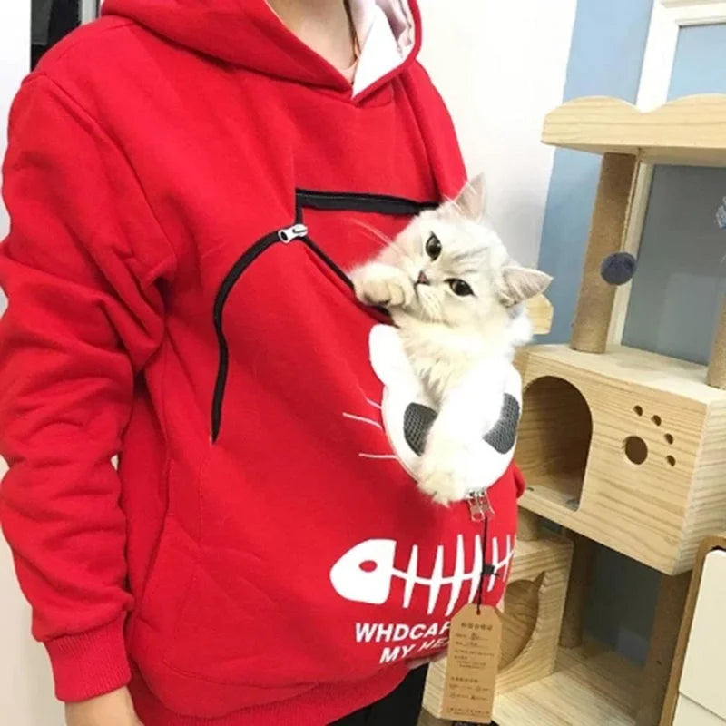 Red hoodie shown with a light gray cat peeking out from the front pet pouch.