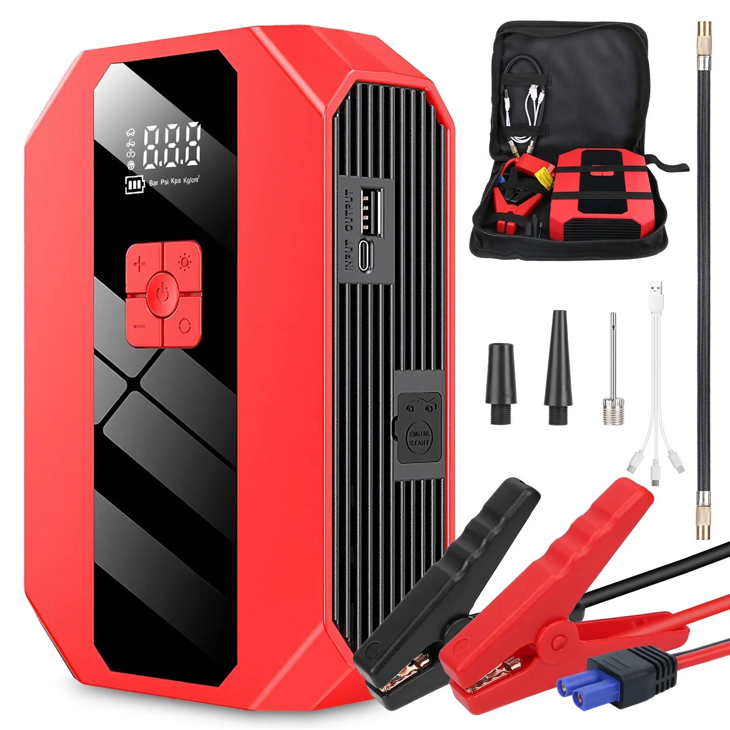 Red jump starter with accessories on a white background