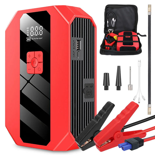 Red jump starter with accessories on a white background
