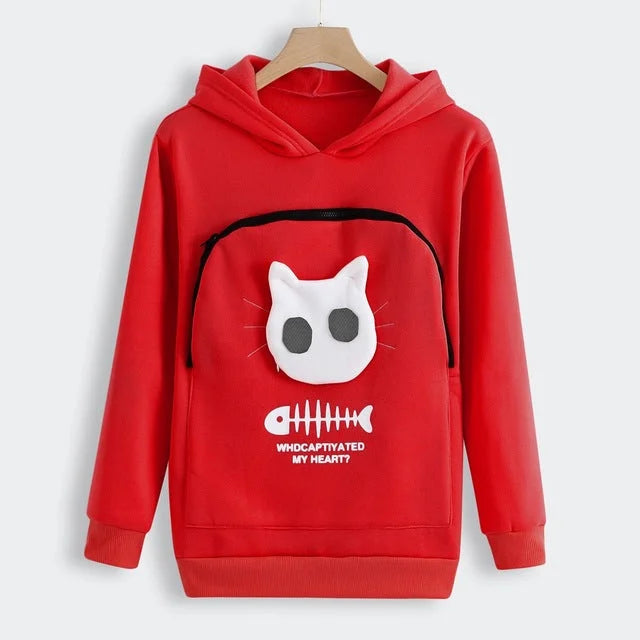 Red pet-pouch hoodie featuring a white cat-face pocket and printed fishbone design.