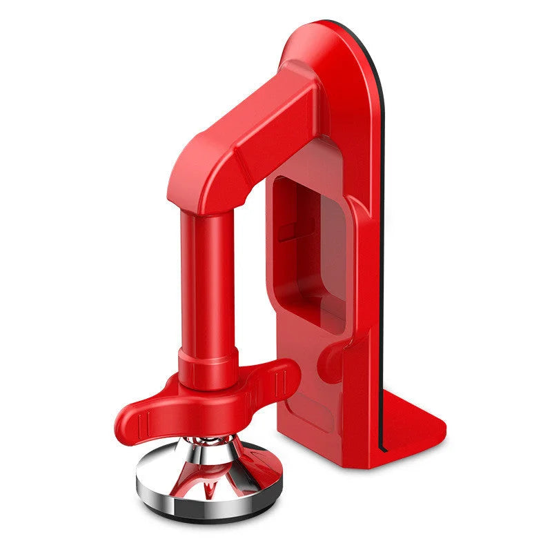 Red portable door security lock with reinforced base and compact travel design