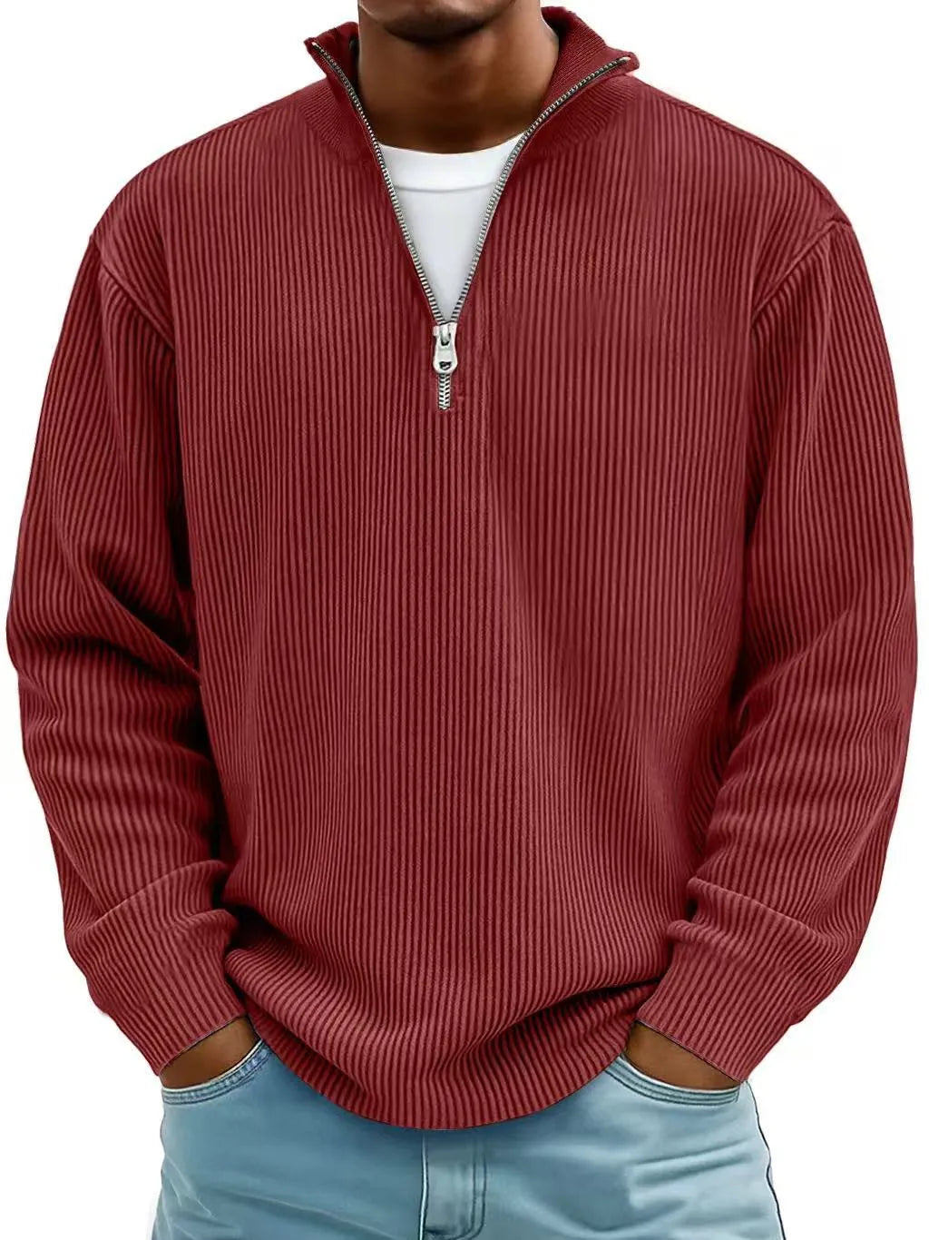 Red ribbed sweater worn by a person on a white background