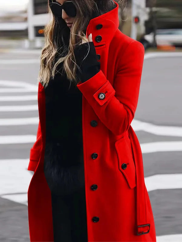 Red women's woolen coat slim fit button front belted winter jacket