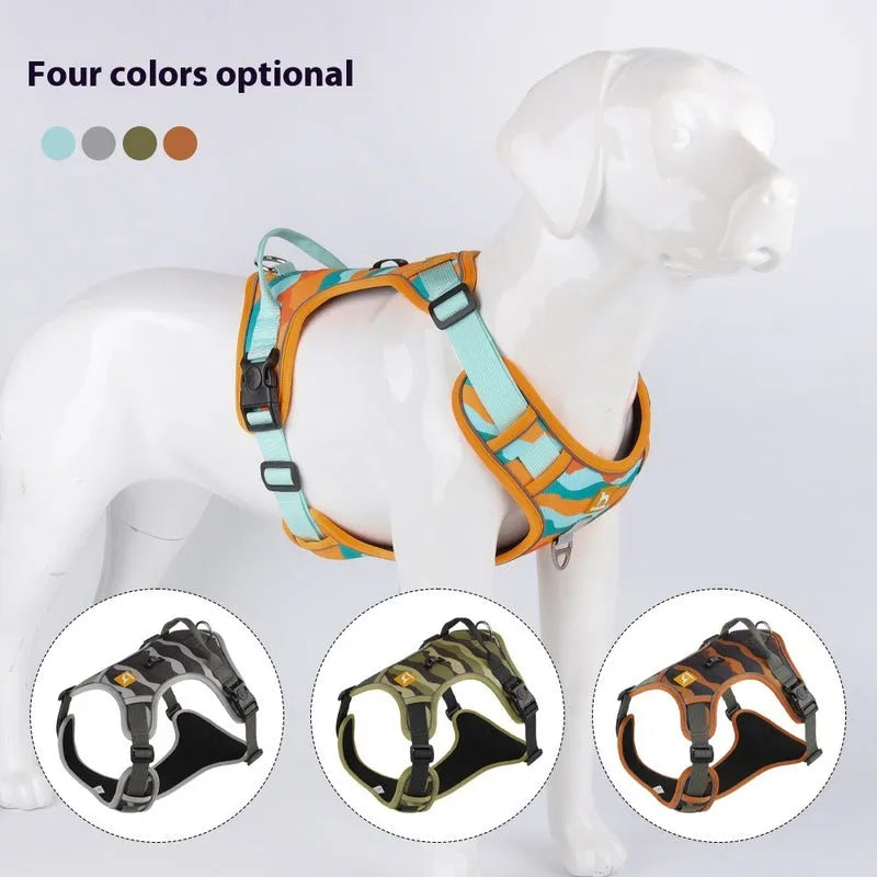 Reflective dog chest harness color options displayed in beige, grey, and light coffee