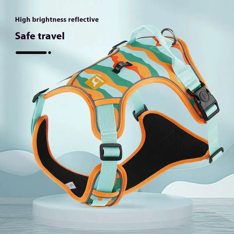 Reflective dog chest harness highlighting high-visibility trim for safe travel in beige and light coffee