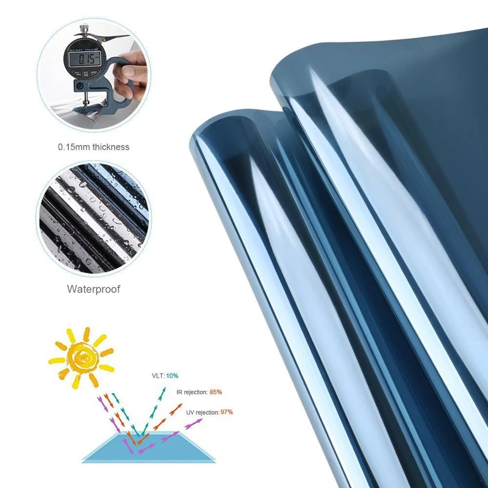 Reflective privacy window film roll showing 0.15mm thickness waterproof PET material silver coating