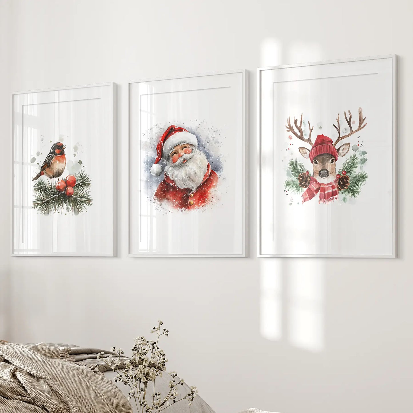 Christmas Print Set of 3 Santa Reindeer Holiday Wall Art