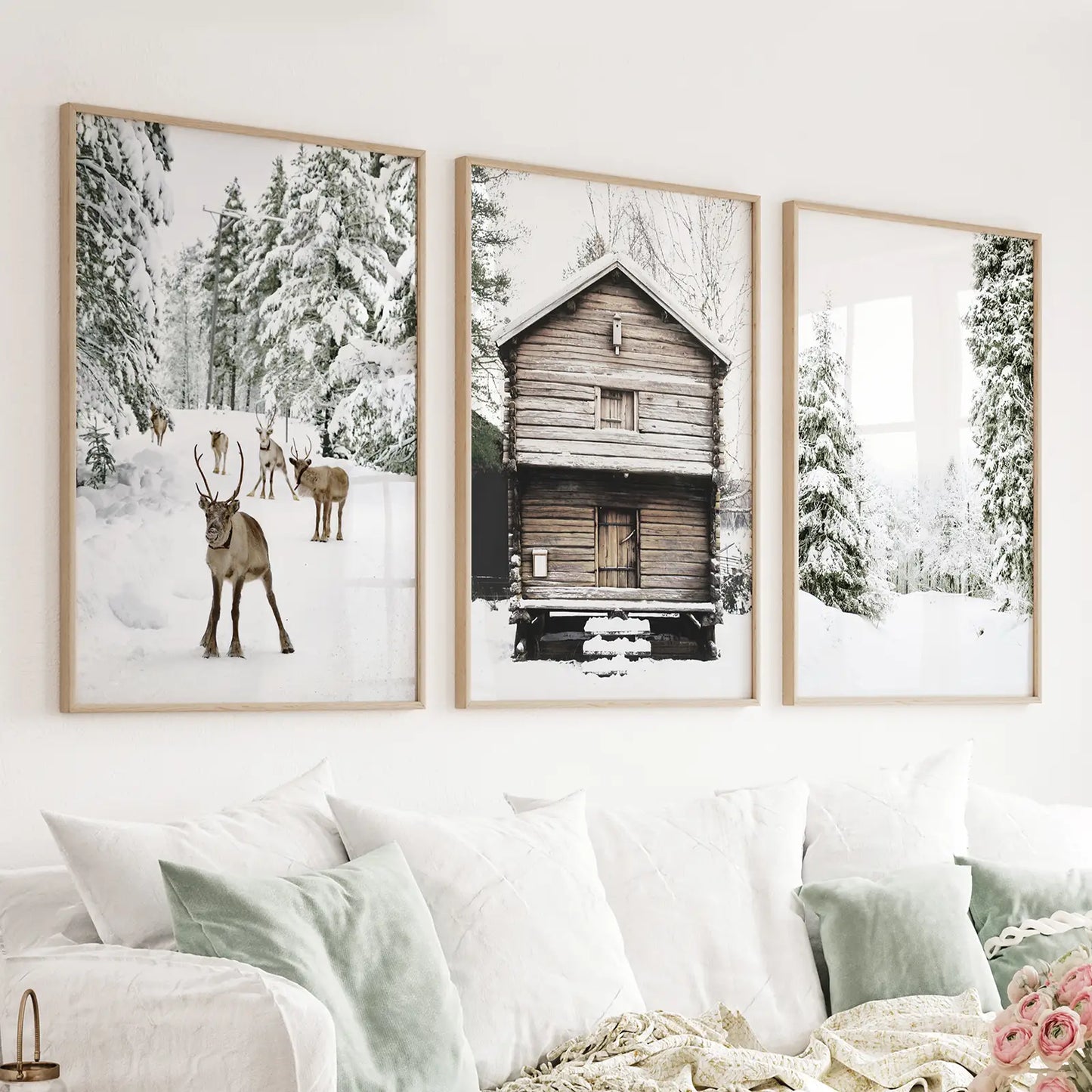 Set of 3 Christmas forest wall art prints with reindeer and log cabin