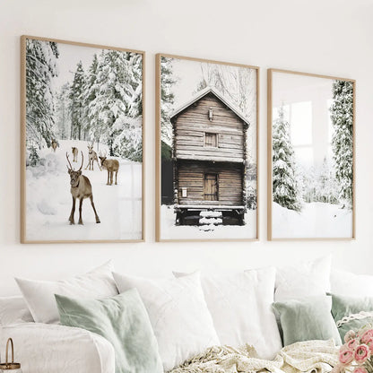 Set of 3 Christmas forest wall art prints with reindeer and log cabin