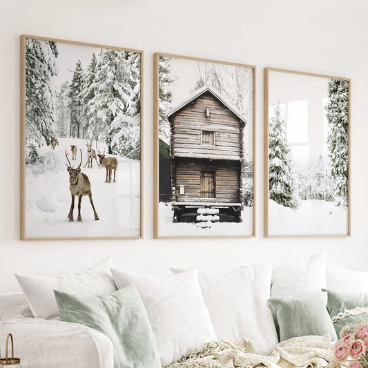 Set of 3 Christmas forest wall art prints with reindeer and log cabin