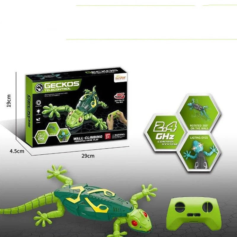 Remote control climbing wall gecko toy with 2.4GHz control system, lighting eyes, and 360-degree rotation feature in green
