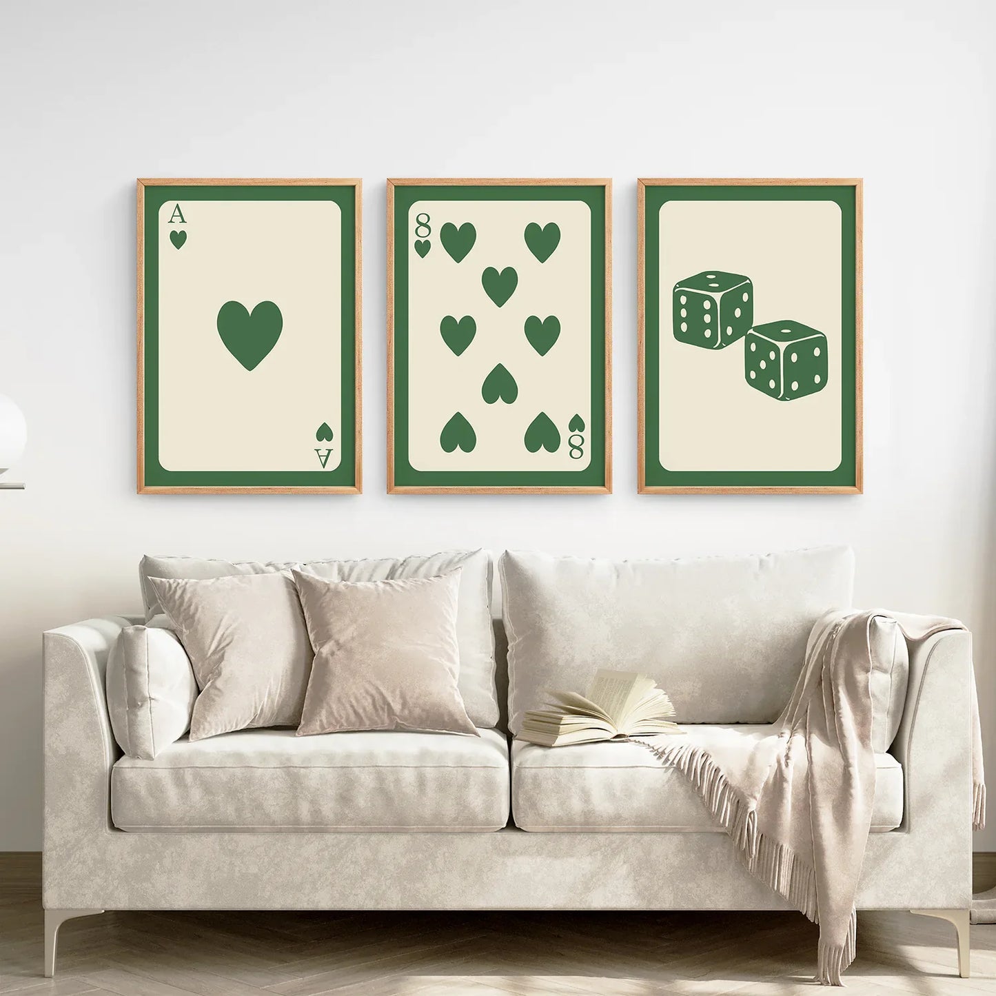 Vintage Green Beige Playing Card Wall Art Set of 3
