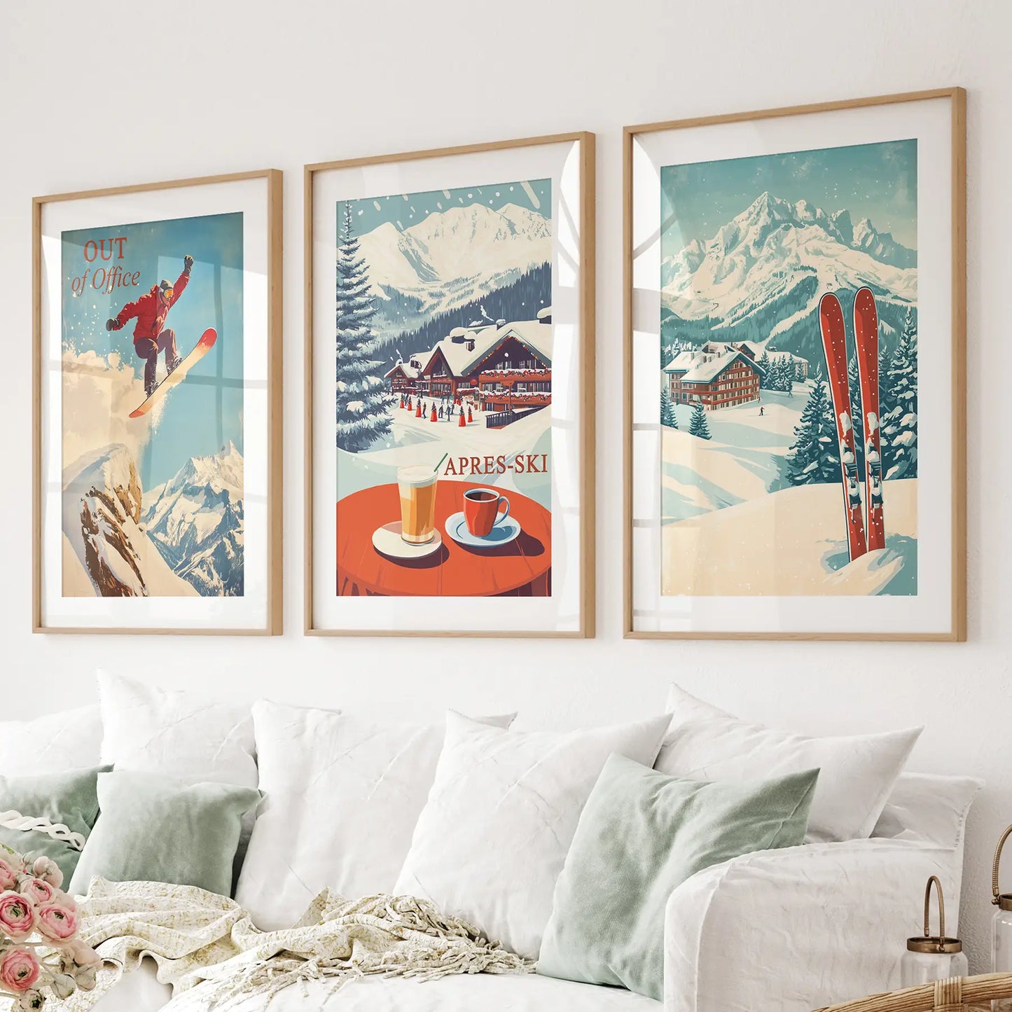 Ski Lodge Wall Art Set of 3 Retro Snowboard Apres Ski