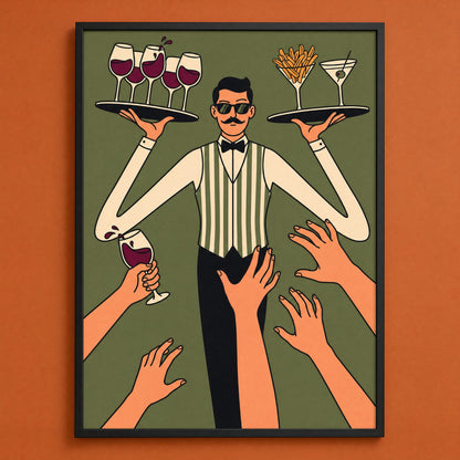 Retro cocktail bar art print, waiter serving wine and fries, black frame on a warm terracotta wall