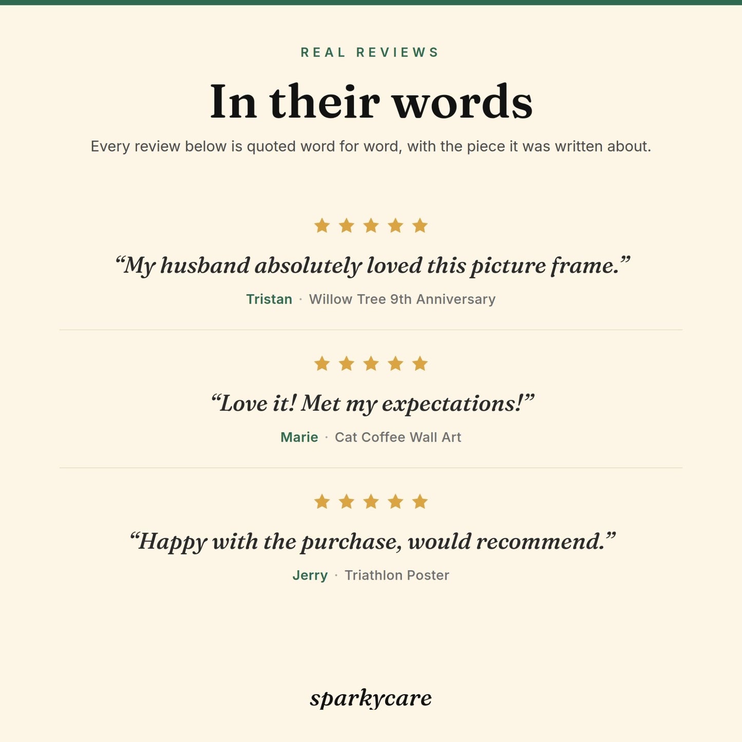 Three five-star reviews from Sparkycare customers, each shown with the design it was written about